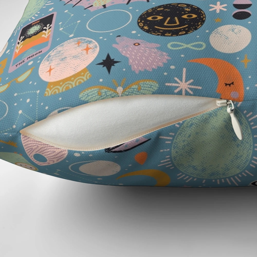 Lunar-inspired blue moon phase pillow with celestial, spooky, and witchy design elements