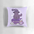 Decorative throw pillow featuring a cute cat familiar in a witchy, pagan-inspired design