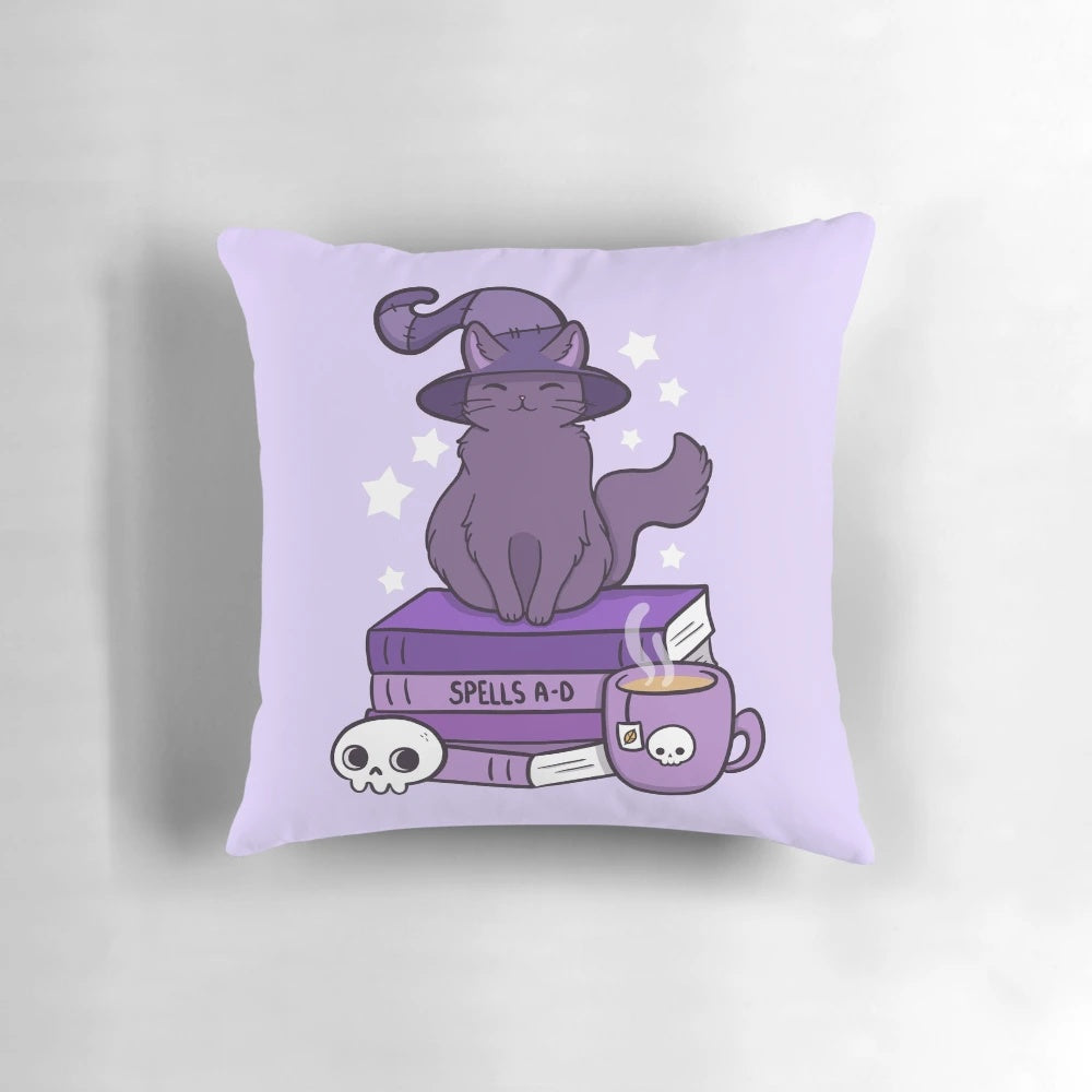 Decorative throw pillow featuring a cute cat familiar in a witchy, pagan-inspired design