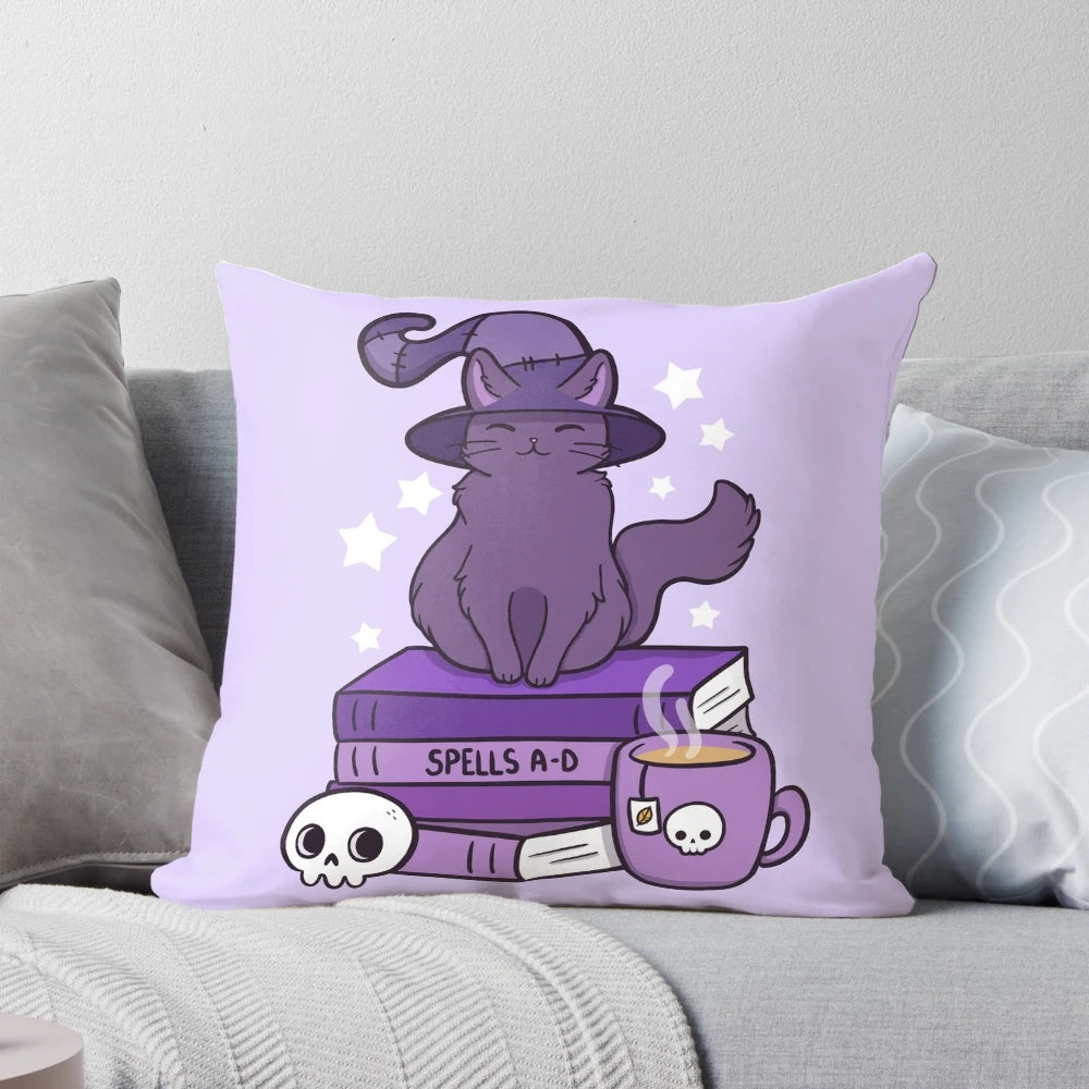 Decorative throw pillow featuring a cute cat familiar in a witchy, pagan-inspired design