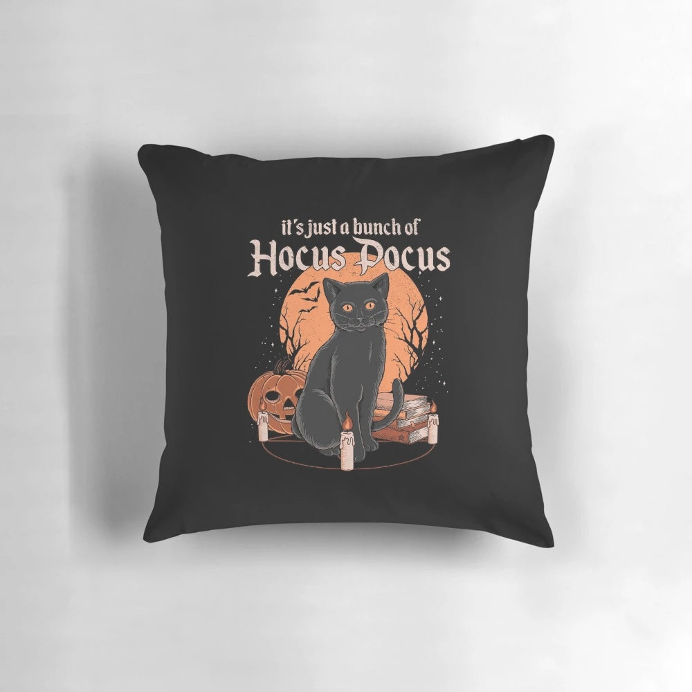 Decorative black cat pillow with hocus pocus and spooky season theme