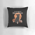 Decorative black cat pillow with hocus pocus and spooky season theme