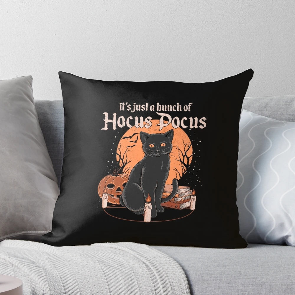 Decorative black cat pillow with hocus pocus and spooky season theme