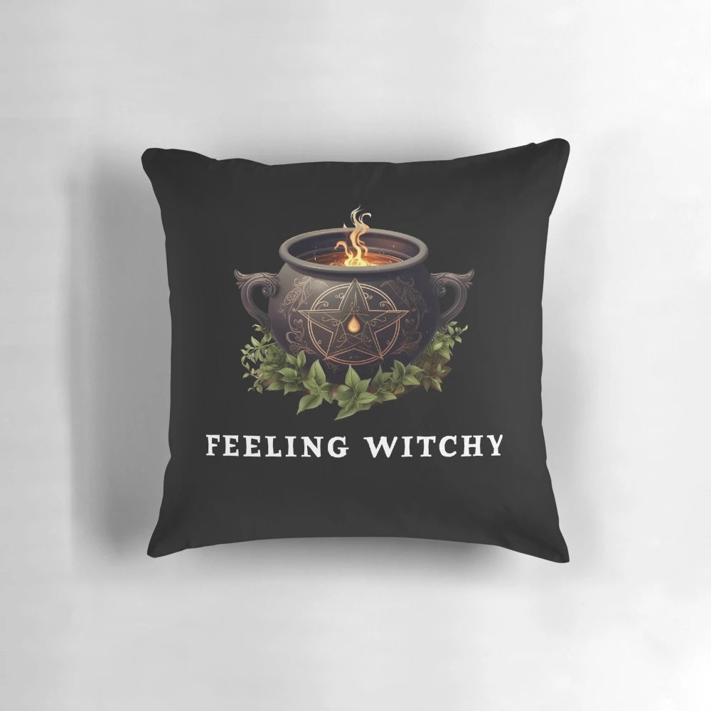 A soft, cozy pillow featuring a pentagram and other witchy symbols, perfect for adding a touch of magic to your home.