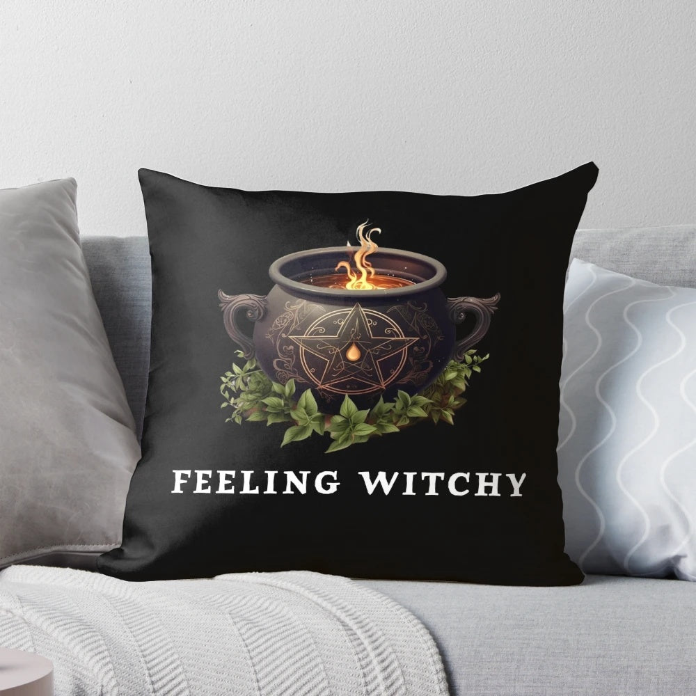 A soft, cozy pillow featuring a pentagram and other witchy symbols, perfect for adding a touch of magic to your home.