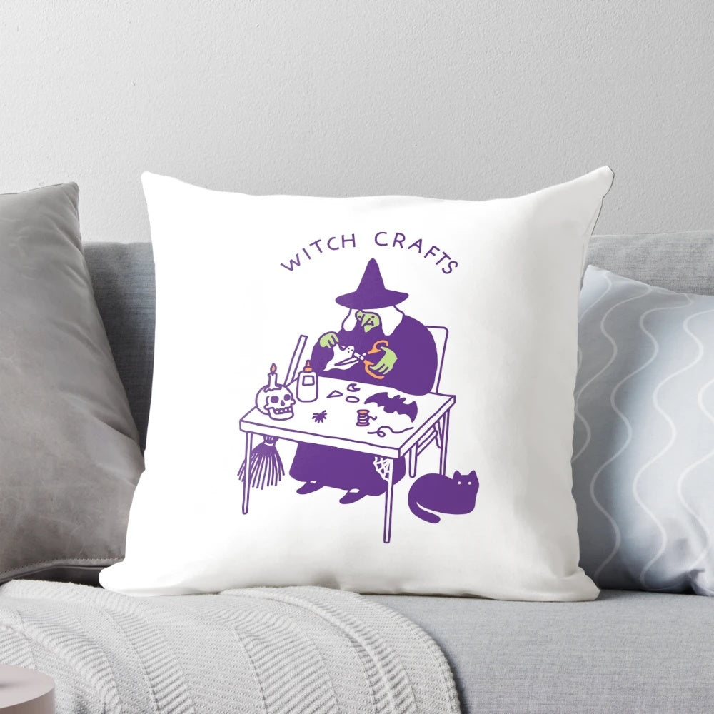 Witch-themed decorative throw pillow featuring a cute cartoon witch design