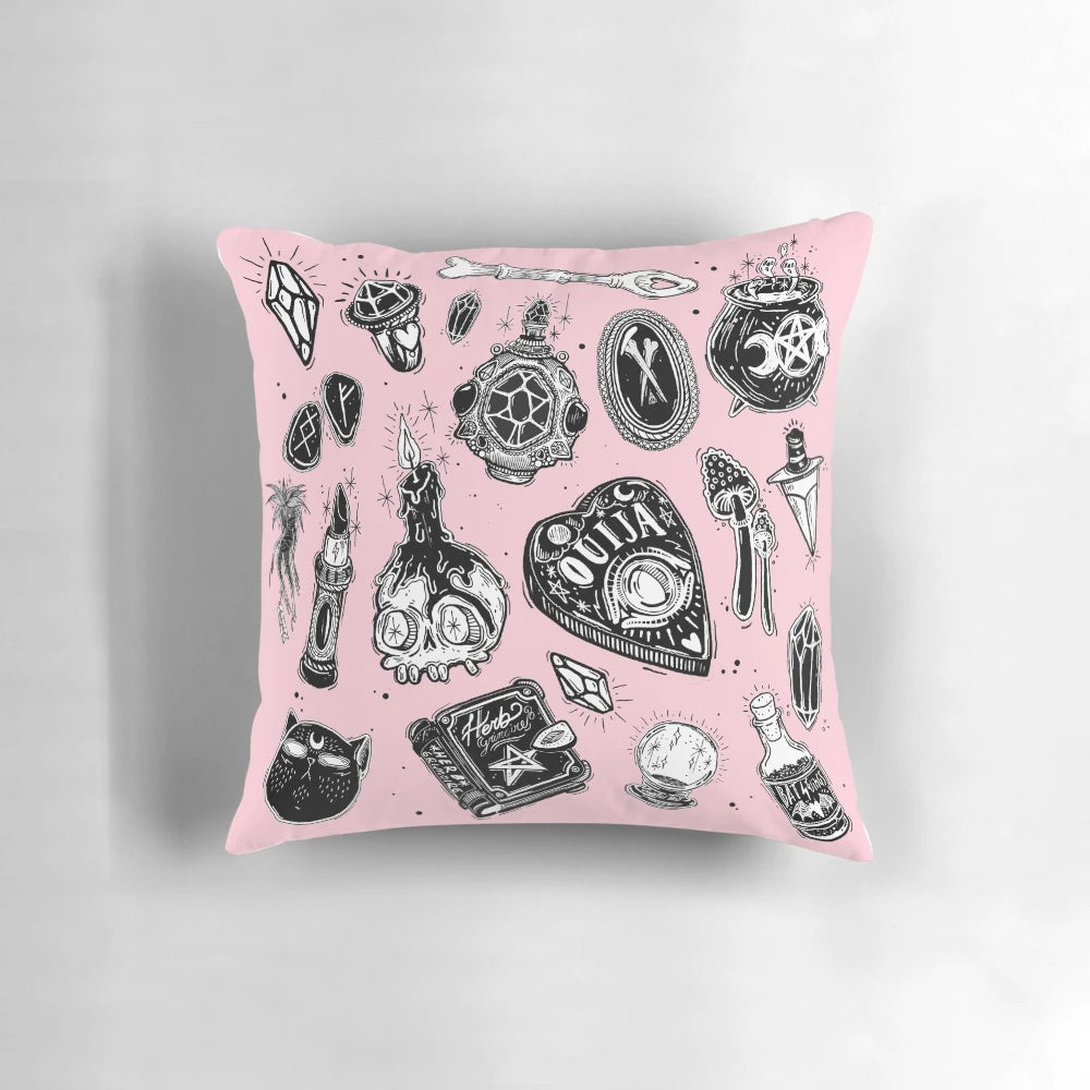 Bewitching witchy pillow featuring spooky doodles and patterns for a mystical, supernatural home décor touch.