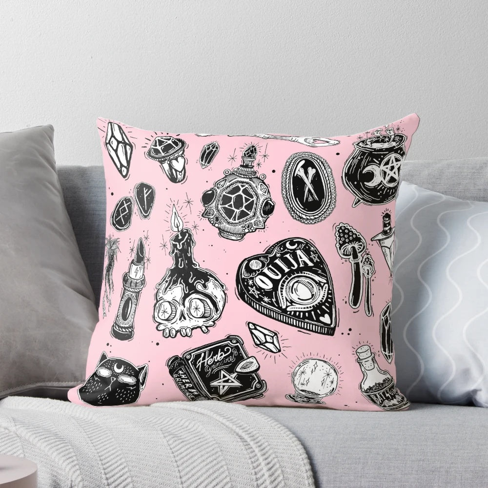 Bewitching witchy pillow featuring spooky doodles and patterns for a mystical, supernatural home décor touch.