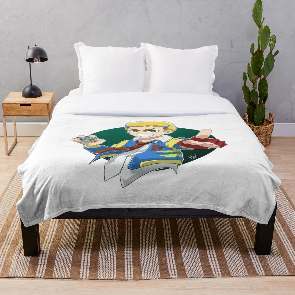 Beyblade Burst Rise and GT inspired plush blanket featuring Drum and Dante Koryu characters