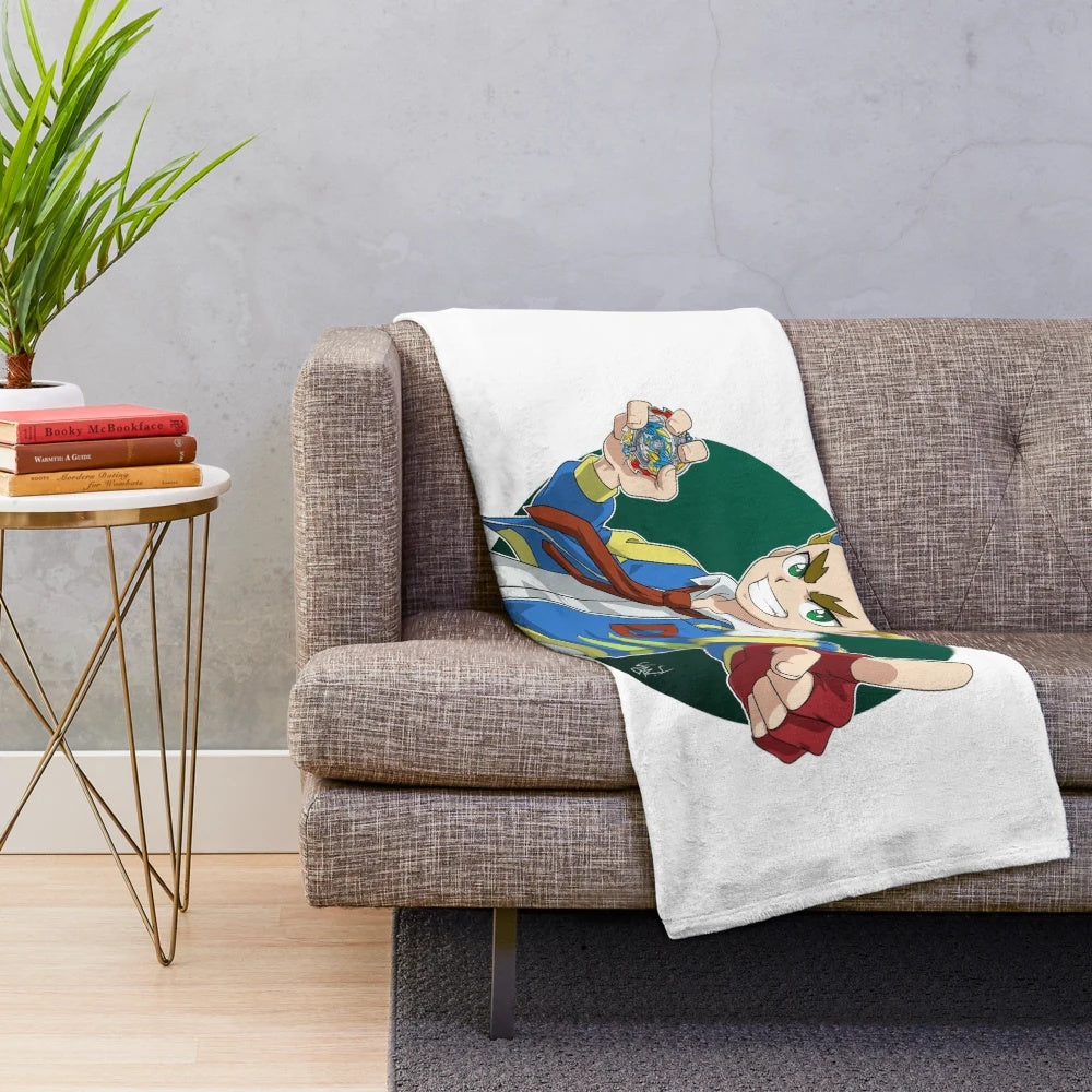 Beyblade Burst Rise and GT inspired plush blanket featuring Drum and Dante Koryu characters