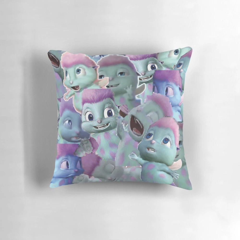 Colorful collage pillow featuring Bibble and Barbie memes