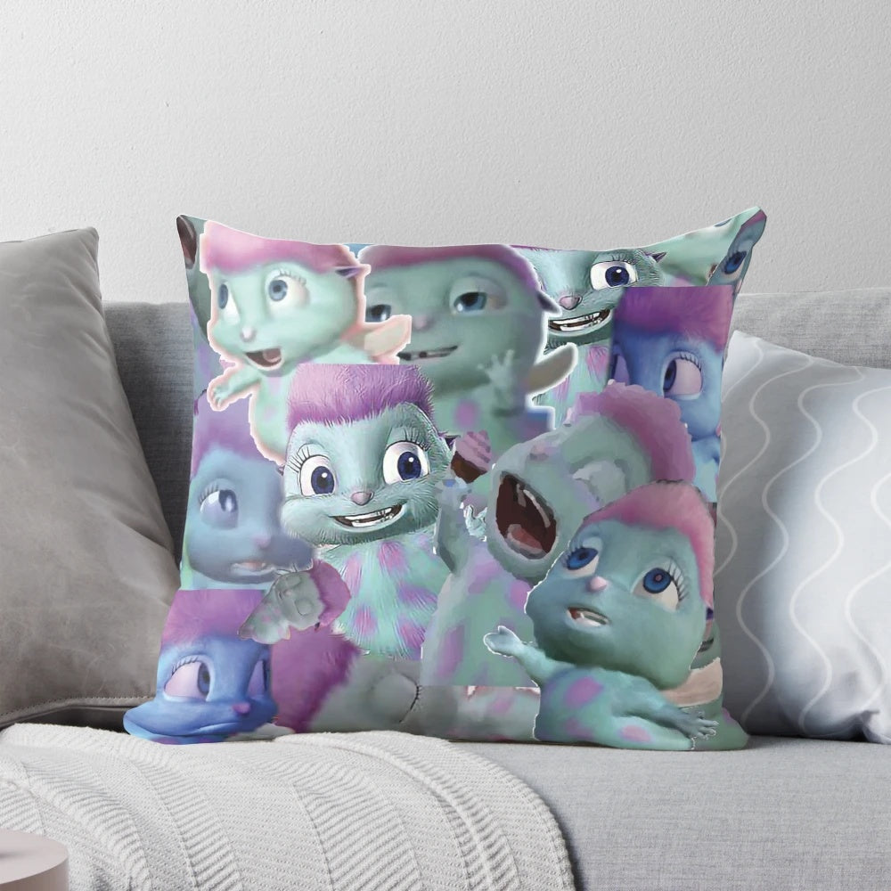 Colorful collage pillow featuring Bibble and Barbie memes