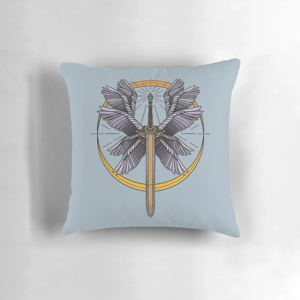 Pillow featuring a biblically accurate angel with sword and wings, perfect for a heavenly home decor touch.