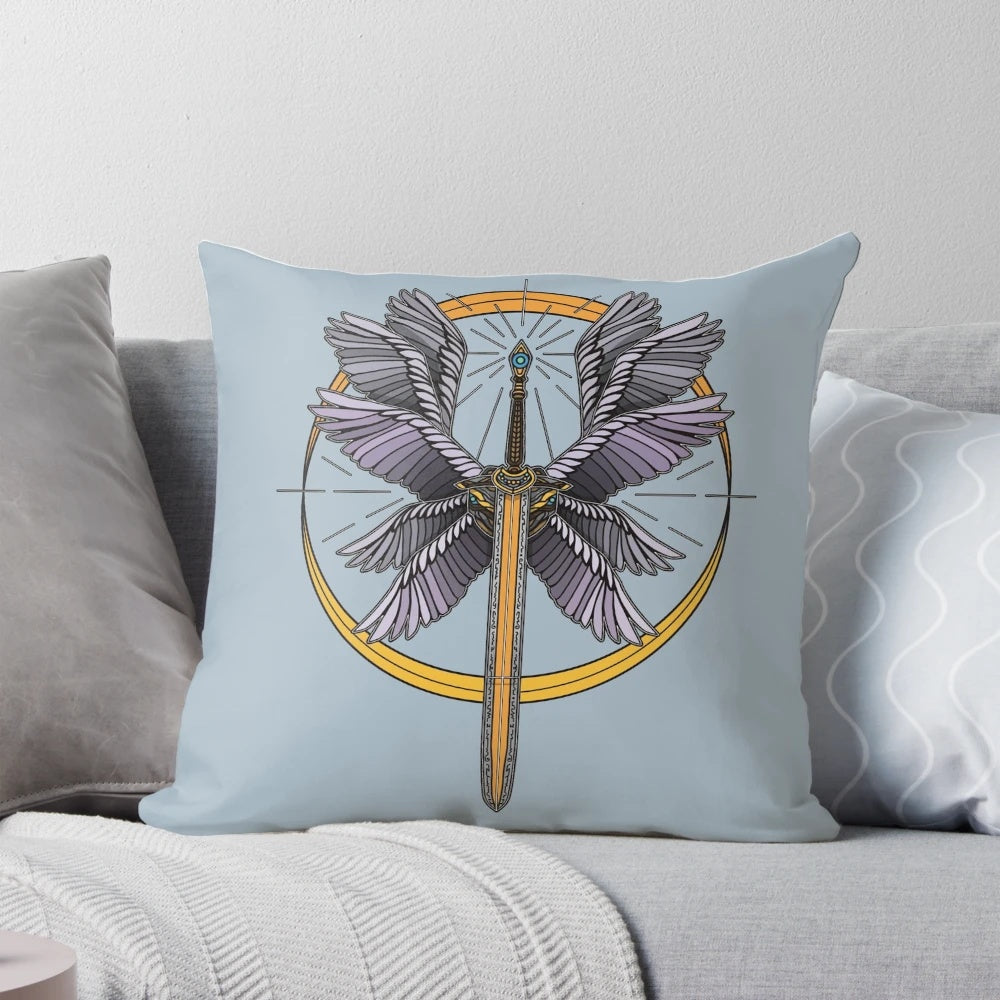 Pillow featuring a biblically accurate angel with sword and wings, perfect for a heavenly home decor touch.