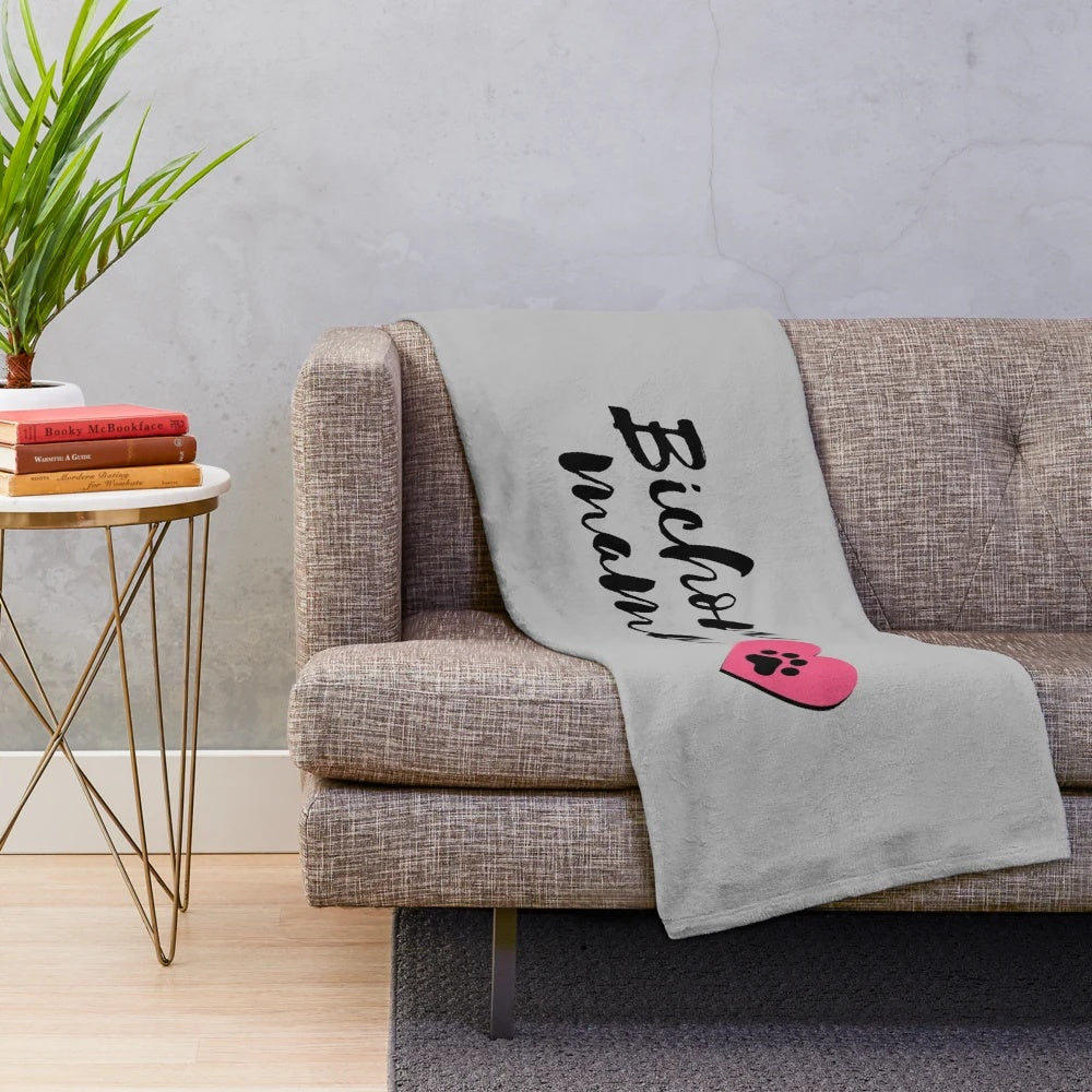 Bichon mom plush blanket with cute dog mama text and graphics