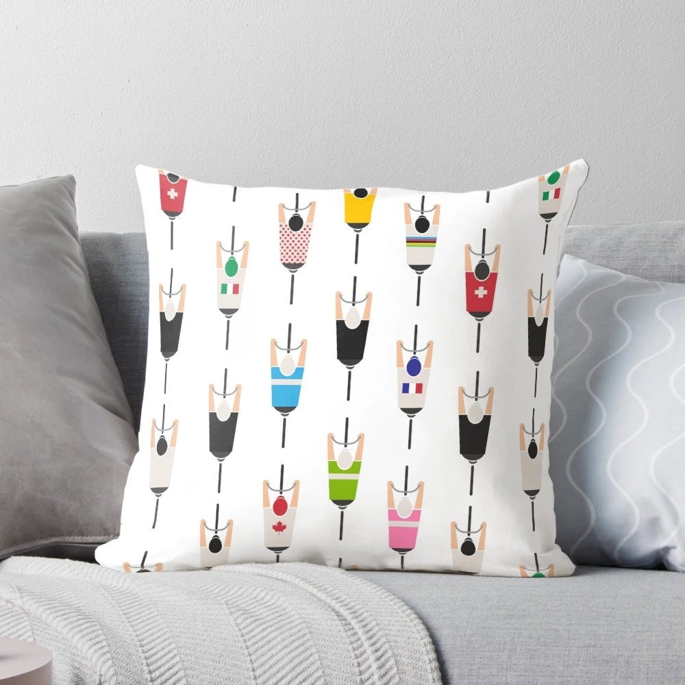 Bicycle squad graphic pillow with silhouette design of bikers on a road.