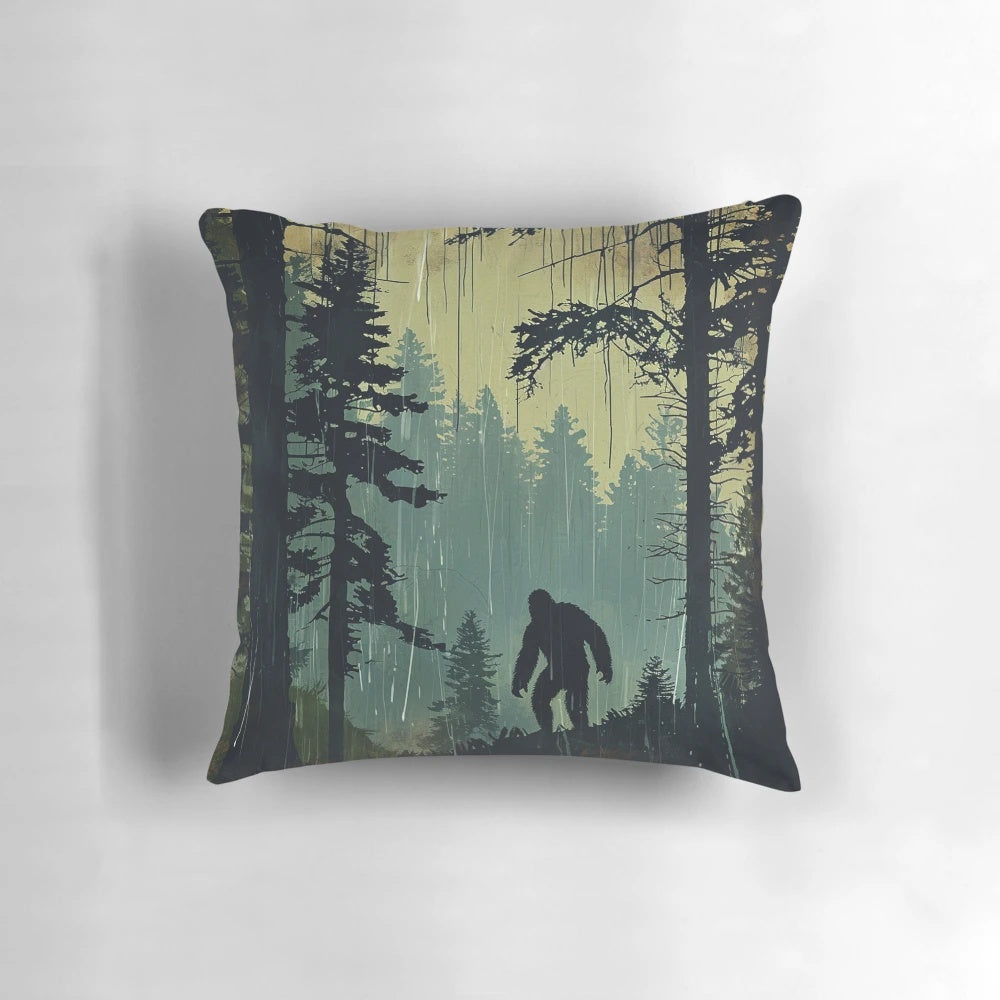Bigfoot silhouette in a rainy forest with pine trees, retro style artwork on a throw pillow