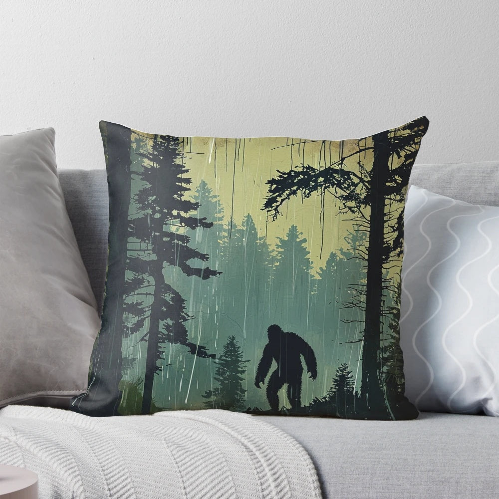 Bigfoot silhouette in a rainy forest with pine trees, retro style artwork on a throw pillow