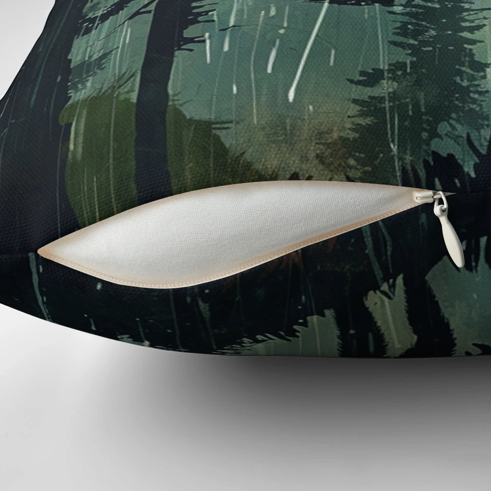 Bigfoot silhouette in a rainy forest with pine trees, retro style artwork on a throw pillow