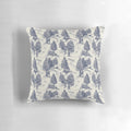 Throw pillow featuring a blue and white Toile de Jouy style pattern with a Bigfoot/Sasquatch design