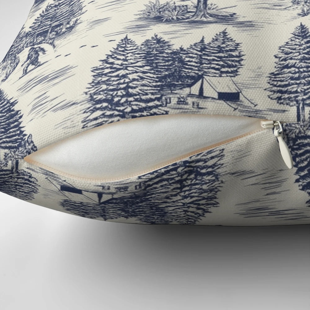 Throw pillow featuring a blue and white Toile de Jouy style pattern with a Bigfoot/Sasquatch design