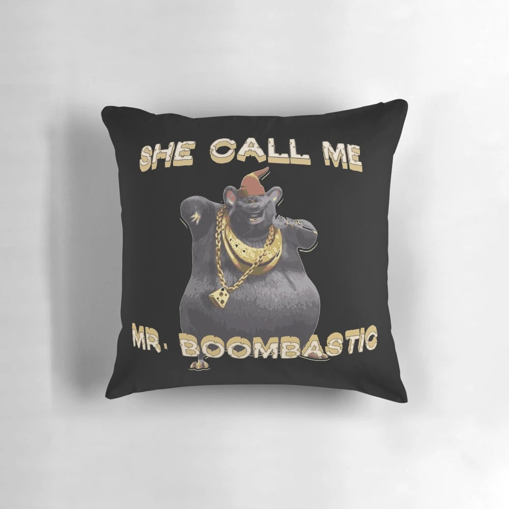 Biggie Cheese "She Call Me Mr Boombastic" decorative pillow featuring the iconic rap lyrics