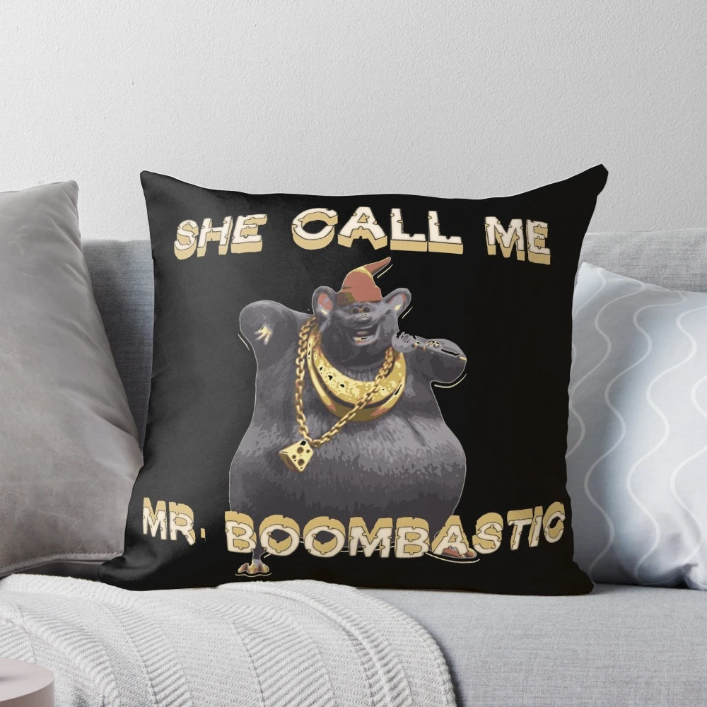 Biggie Cheese "She Call Me Mr Boombastic" decorative pillow featuring the iconic rap lyrics