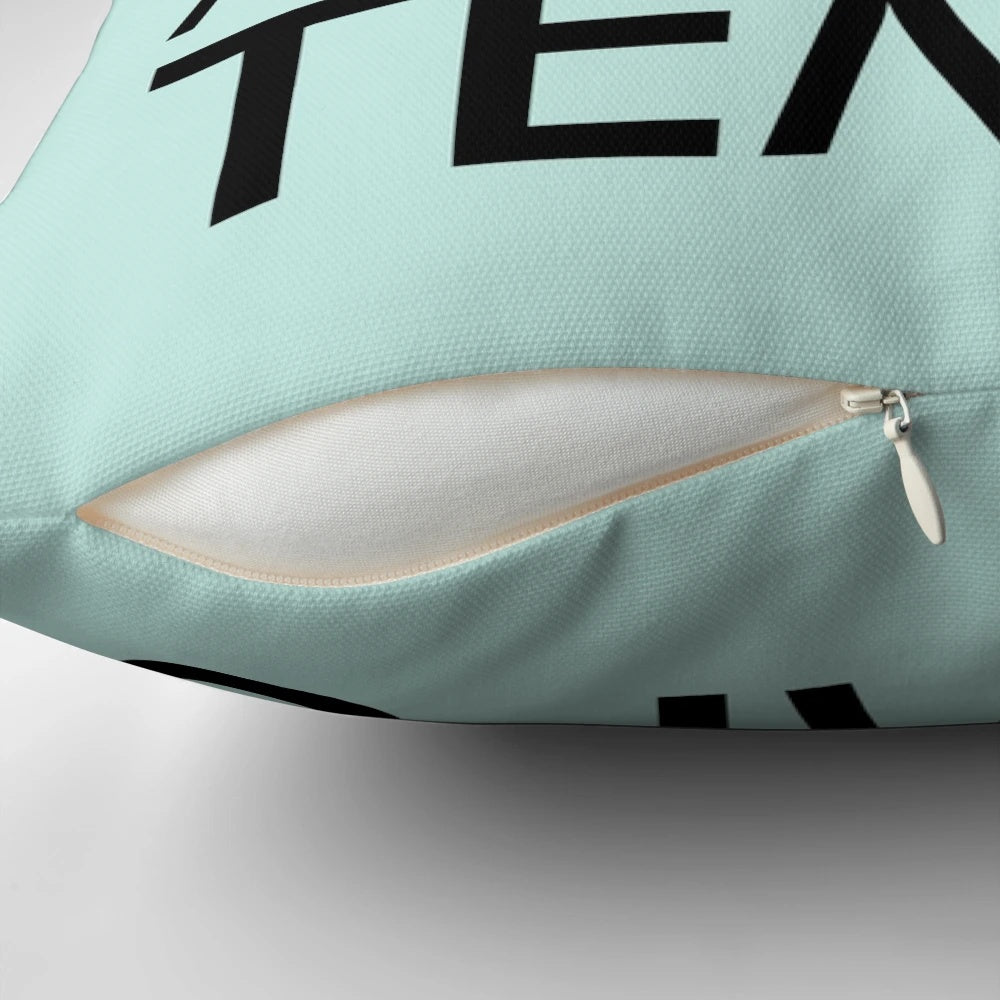 A black pillow with the text "Thinking in French and English" printed on it.