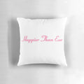 A stylish pink Billie Eilish 'Happier Than Ever' themed pillow with calligraphic lettering and a pop art design.