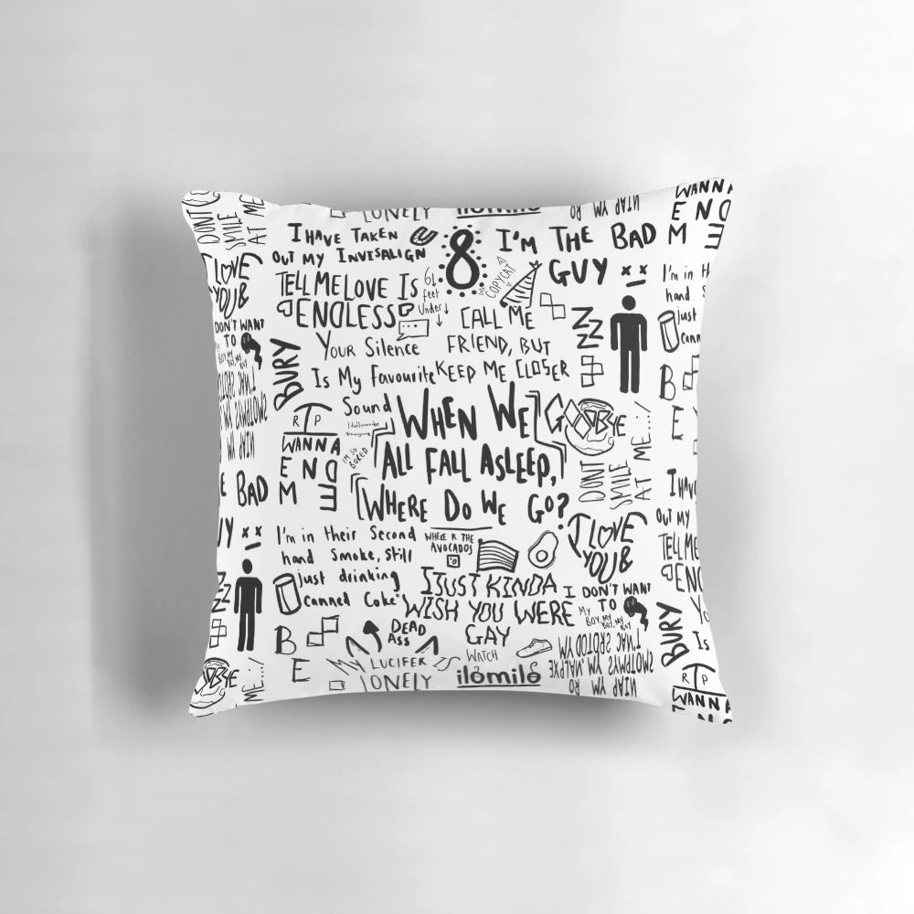 Billie Eilish-inspired decorative pillow with album artwork and song titles