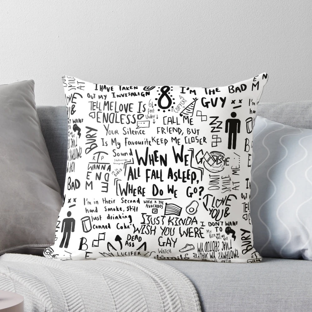 Billie Eilish-inspired decorative pillow with album artwork and song titles