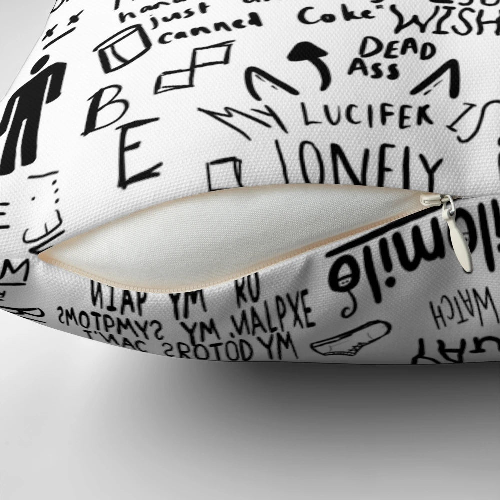 Billie Eilish-inspired decorative pillow with album artwork and song titles