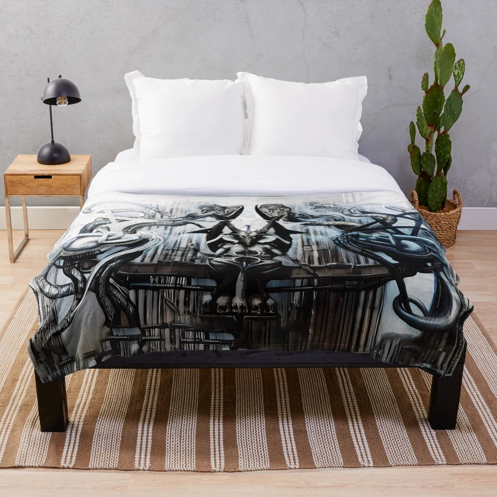 Biomechanical plush blanket featuring sci-fi and gothic art inspired by HR Giger