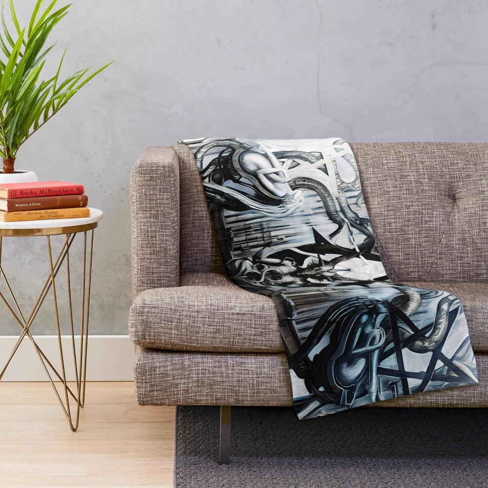 Biomechanical plush blanket featuring sci-fi and gothic art inspired by HR Giger