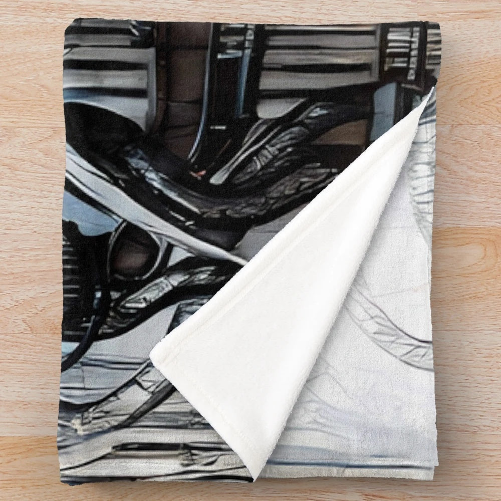 Biomechanical plush blanket featuring sci-fi and gothic art inspired by HR Giger