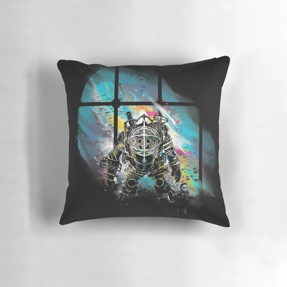 A soft, plush pillow featuring the iconic Mr. Bubbles character from the Bioshock video game franchise.