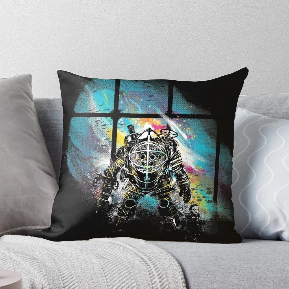 A soft, plush pillow featuring the iconic Mr. Bubbles character from the Bioshock video game franchise.