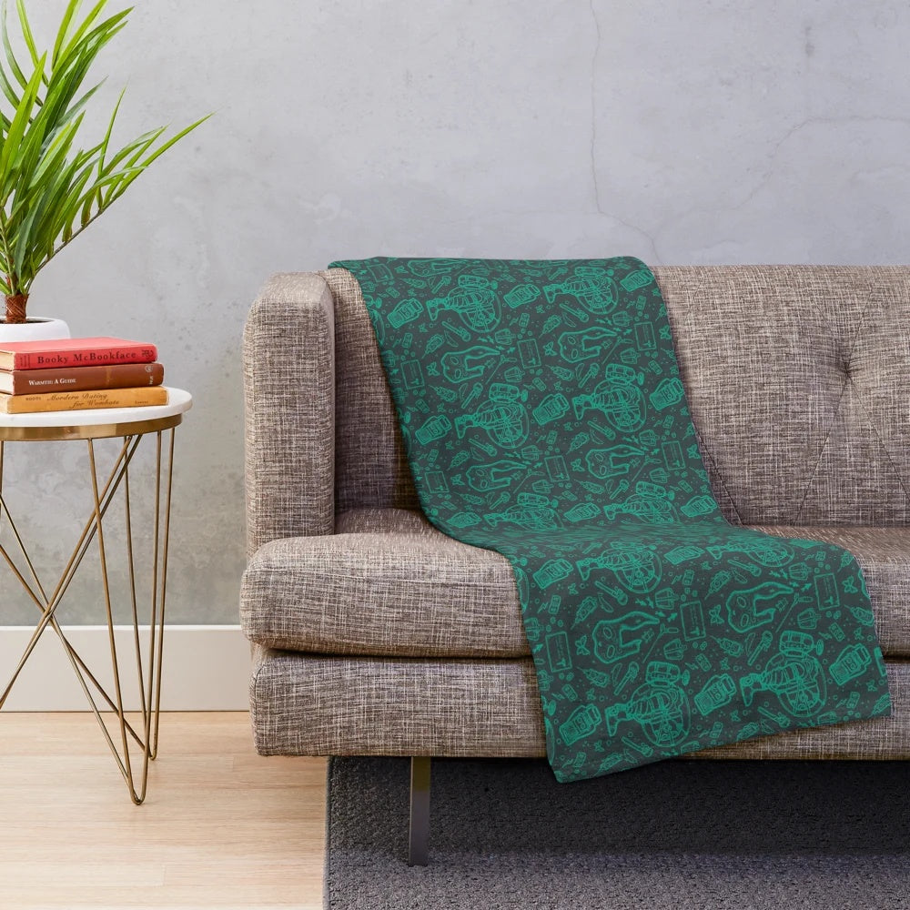 Blue plush blanket with Bioshock Rapture-inspired continuous pattern design