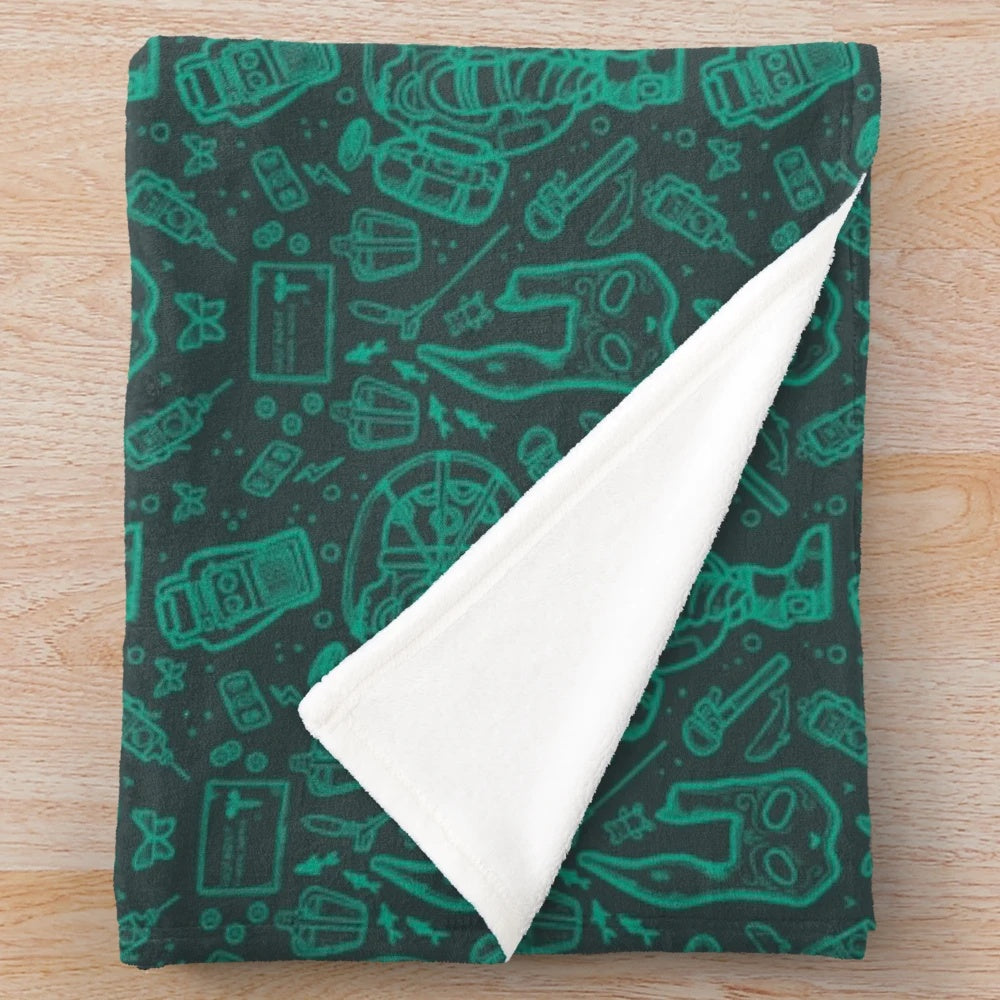 Blue plush blanket with Bioshock Rapture-inspired continuous pattern design