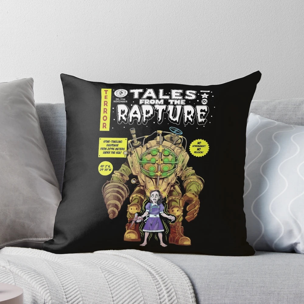 Bioshock Rapture horror-themed vintage comic parody pillow featuring Big Daddy and Little Sister characters