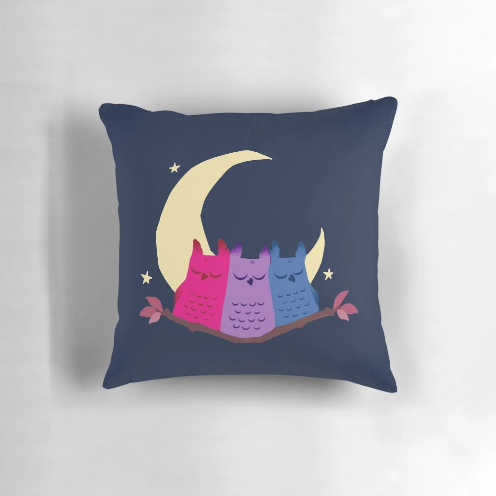 Bisexual pride owls pillow with vibrant bi colors and Pride flag