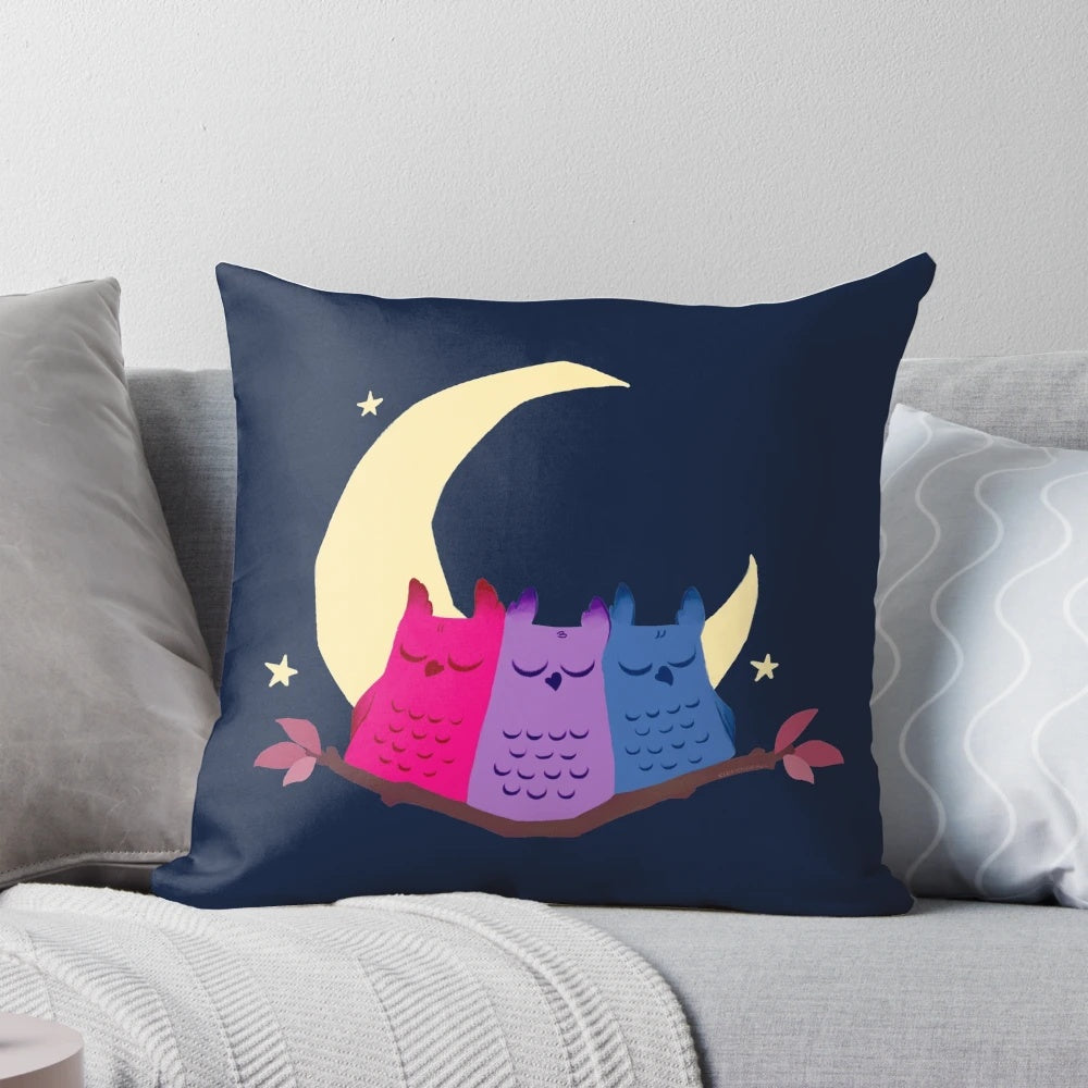 Bisexual pride owls pillow with vibrant bi colors and Pride flag