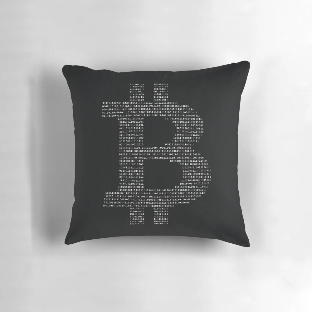 Bitcoin-inspired black and white throw pillow with cryptocurrency-themed design
