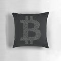 Bitcoin-inspired black and white throw pillow with cryptocurrency-themed design