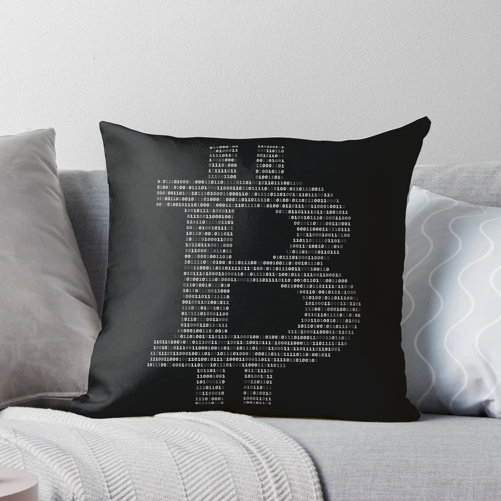 Bitcoin-inspired black and white throw pillow with cryptocurrency-themed design