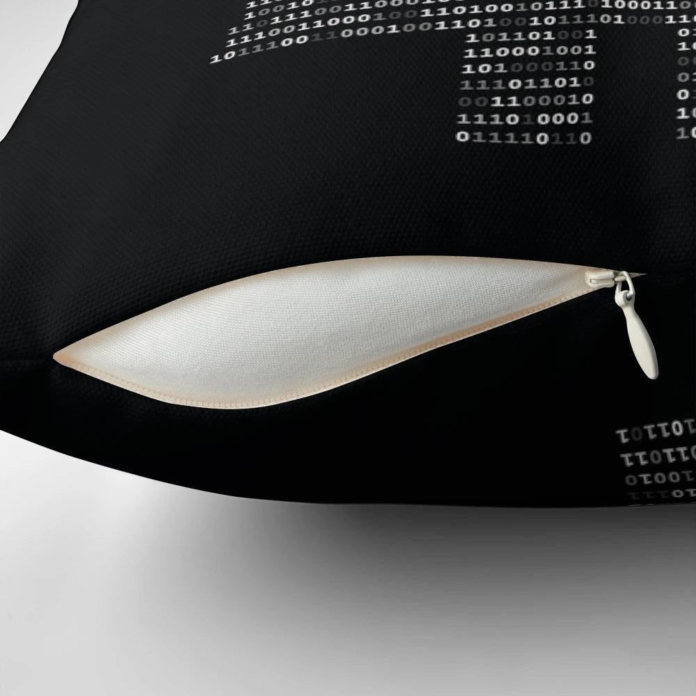 Bitcoin-inspired black and white throw pillow with cryptocurrency-themed design