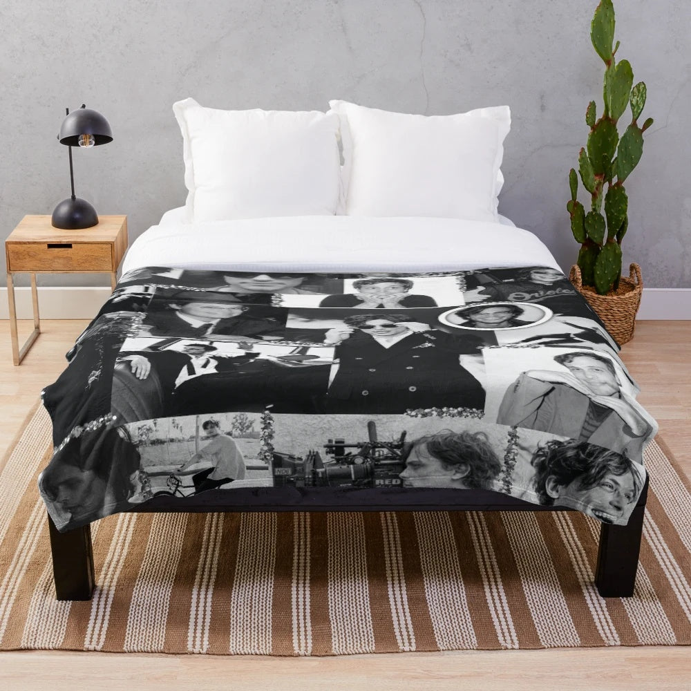 Black and white collage plush blanket with images of actor Matthew Gray Gubler