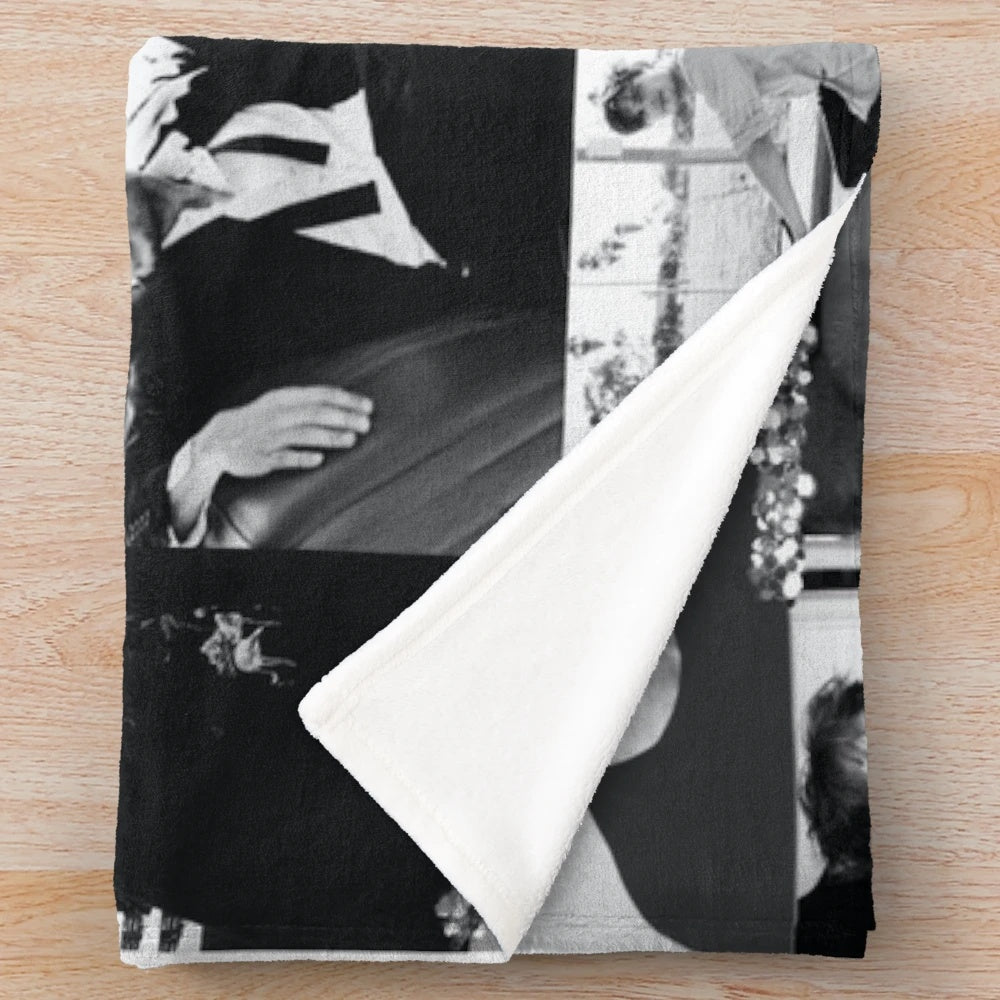 Black and white collage plush blanket with images of actor Matthew Gray Gubler