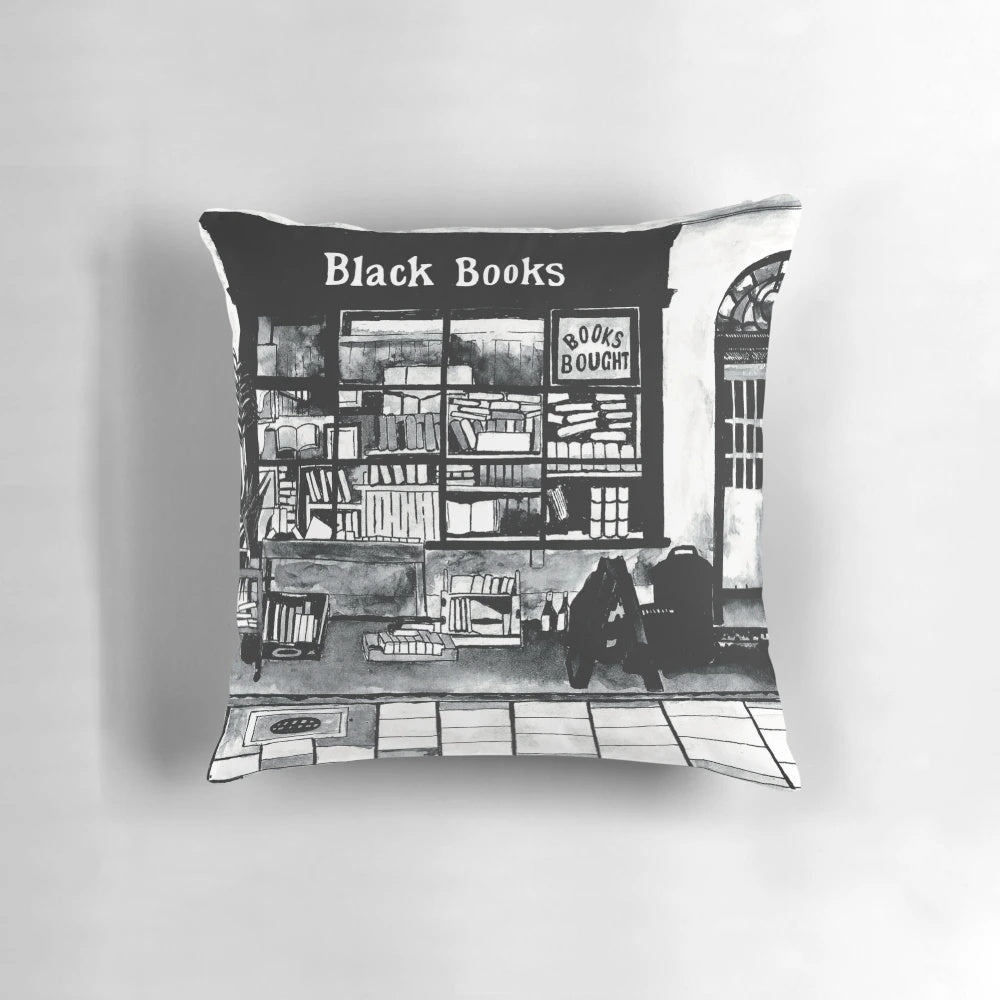 Black Books TV show inspired ink painting of shop front on a pillow, featuring characters Bernard Black and Manny.