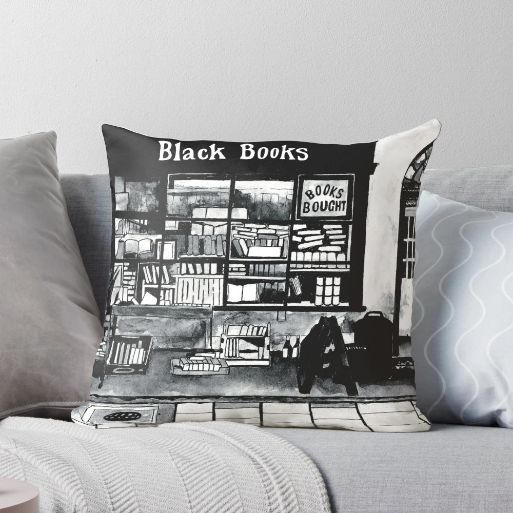 Black Books TV show inspired ink painting of shop front on a pillow, featuring characters Bernard Black and Manny.